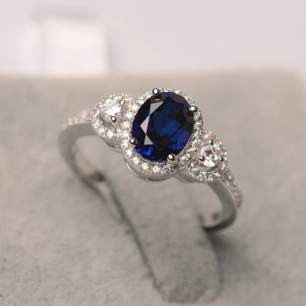 Oval Sapphire Ring Halo Engagement Ring