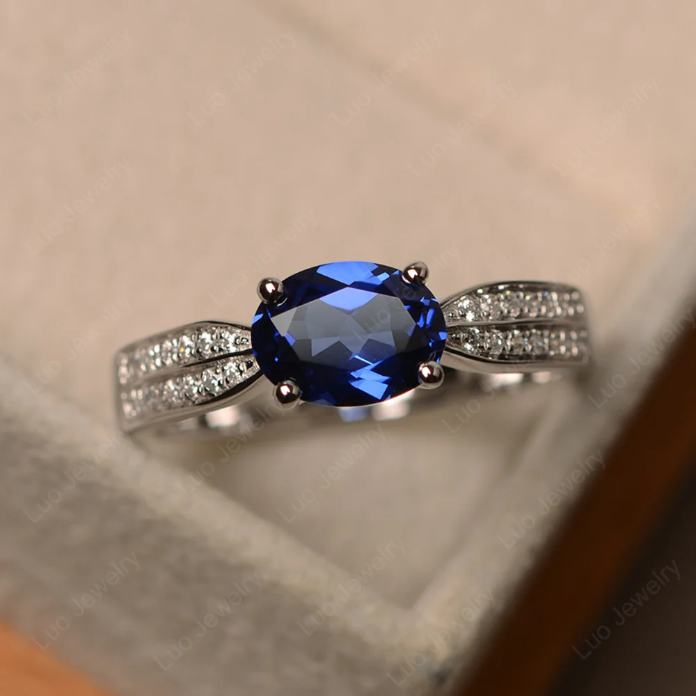 Oval Sapphire Horizontal Two Rows Pave Ring