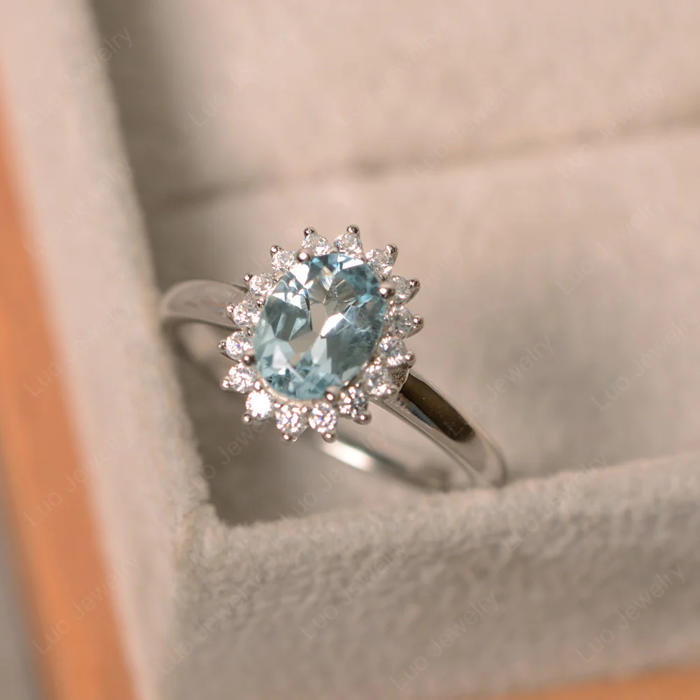 Oval Shape Aquamarine Halo Engagement Ring