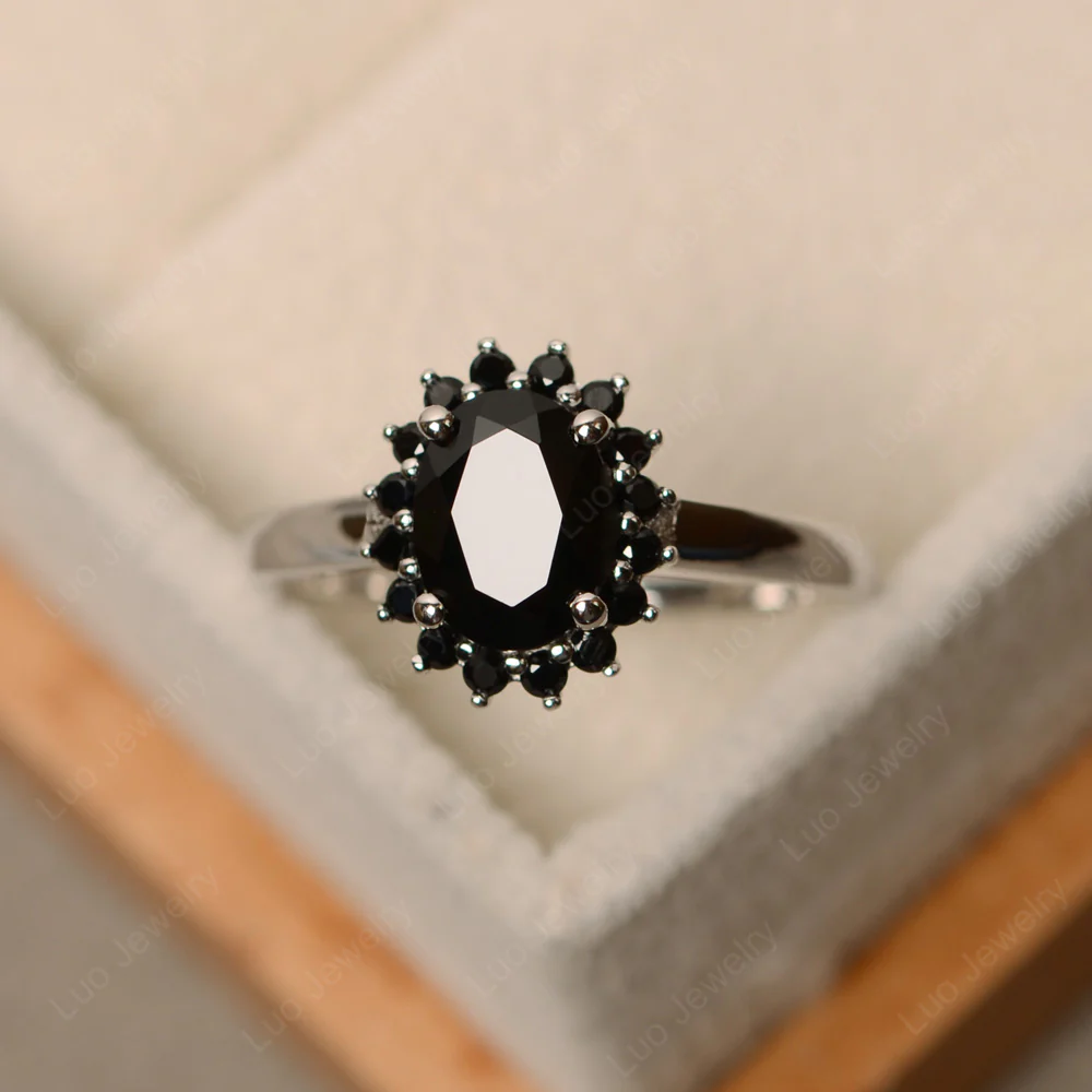 Black Spinel Oval Sunburst Engagement Ring