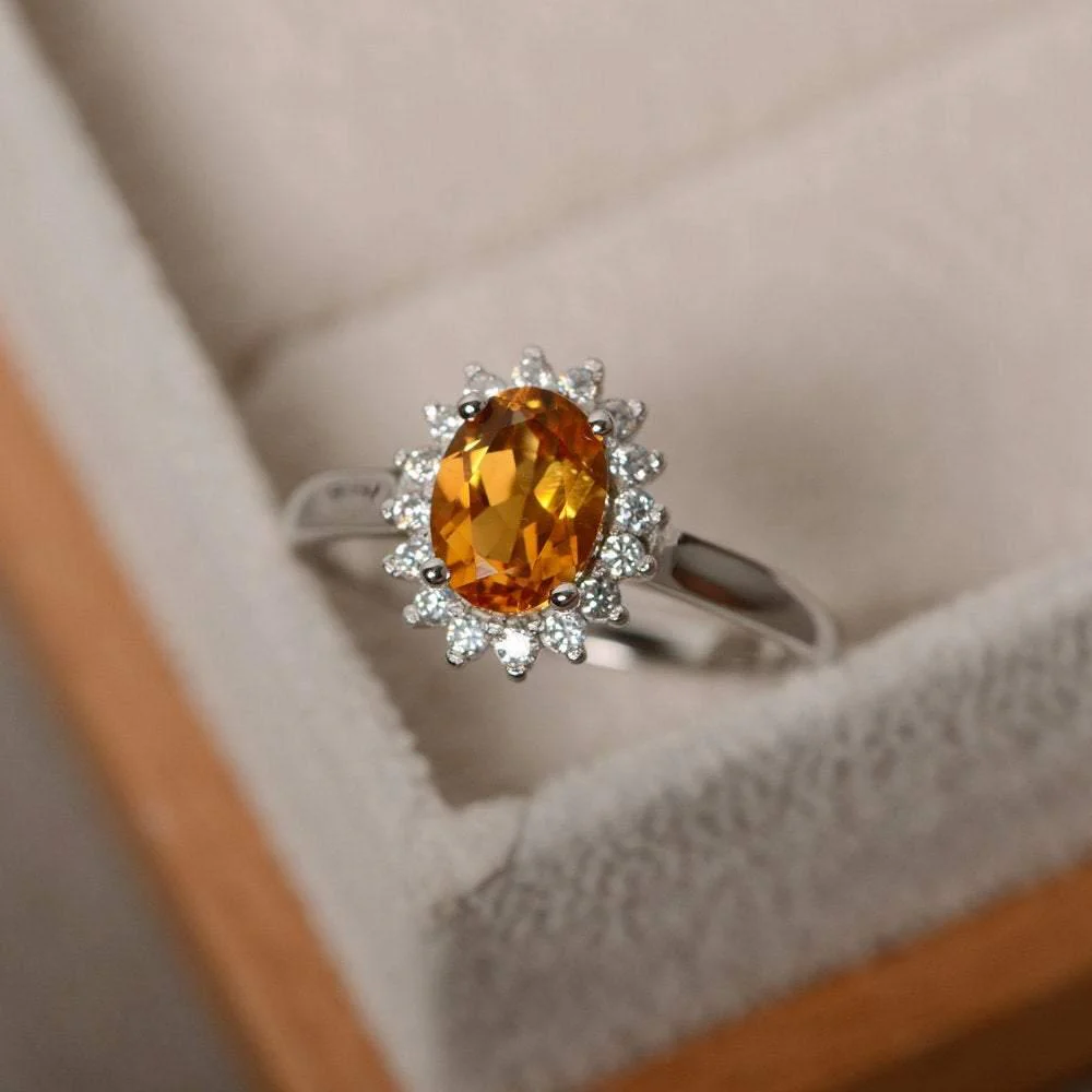 Oval Shape Citrine Halo Engagement Ring - Image 2