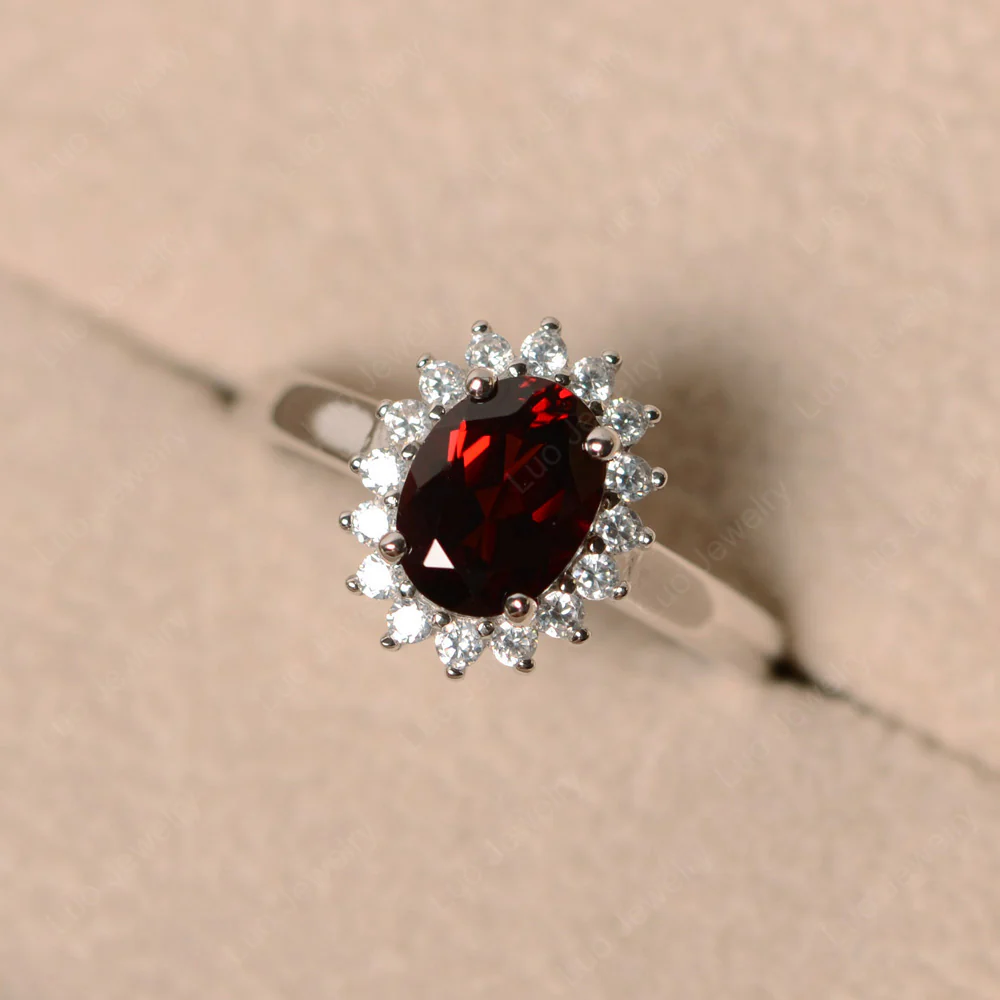 Oval Shape Garnet Halo Engagement Ring
