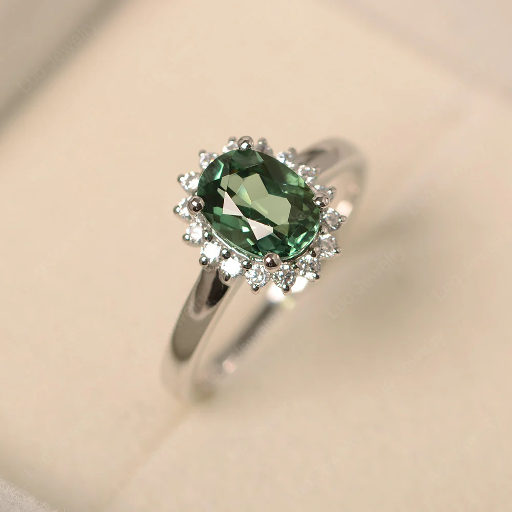 Green Sapphire Oval Sunburst Engagement Ring - Image 3