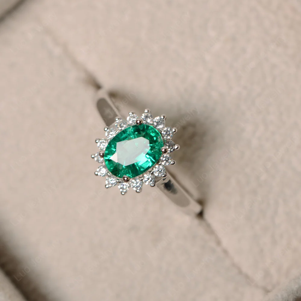 Emerald Oval Sunburst Engagement Ring