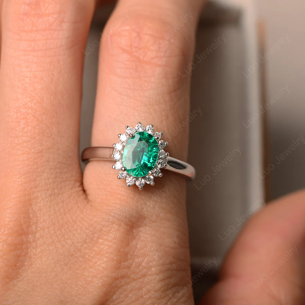 Emerald Oval Sunburst Engagement Ring - Image 6