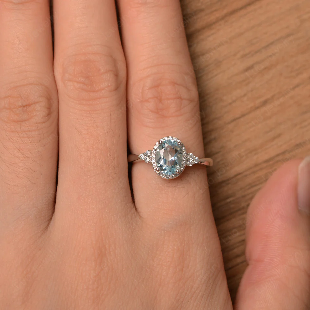 Oval Shaped Aquamarine Halo Engagement Ring - Image 4