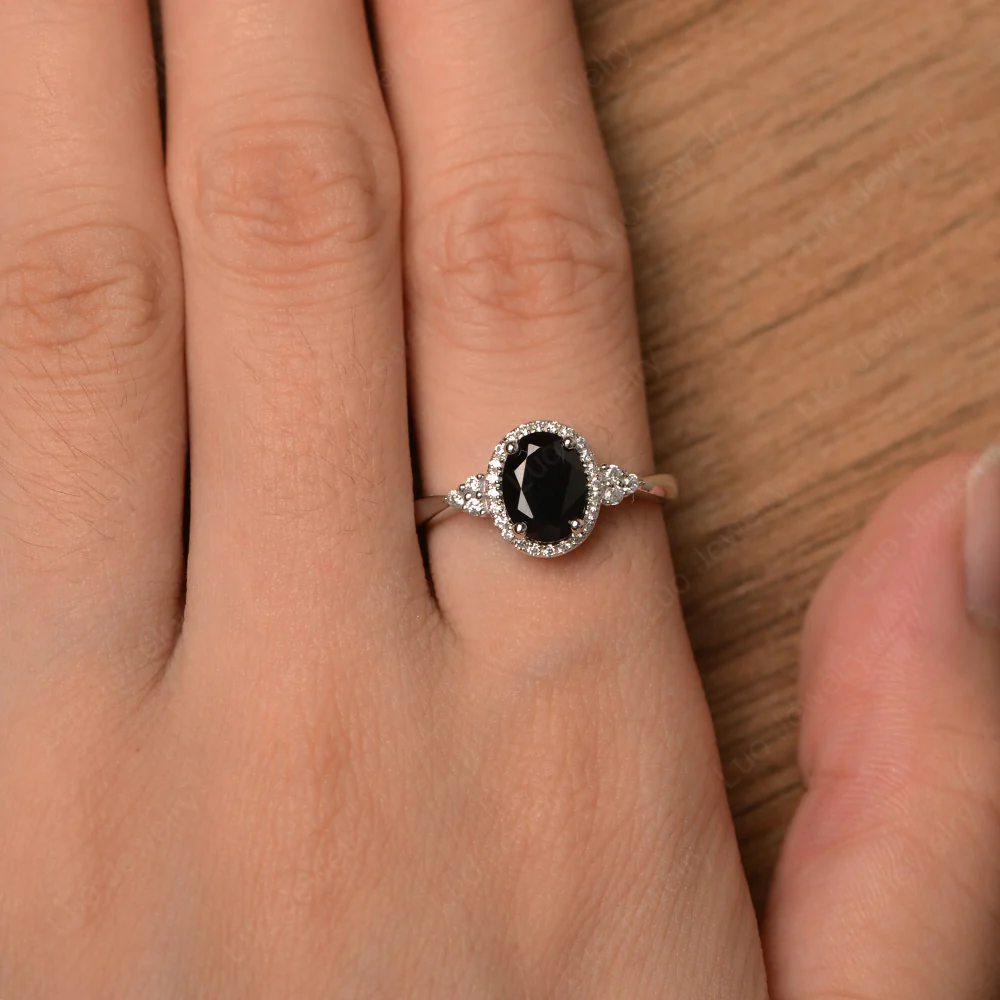 Oval Shaped Black Spinel Halo Engagement Ring - Image 4
