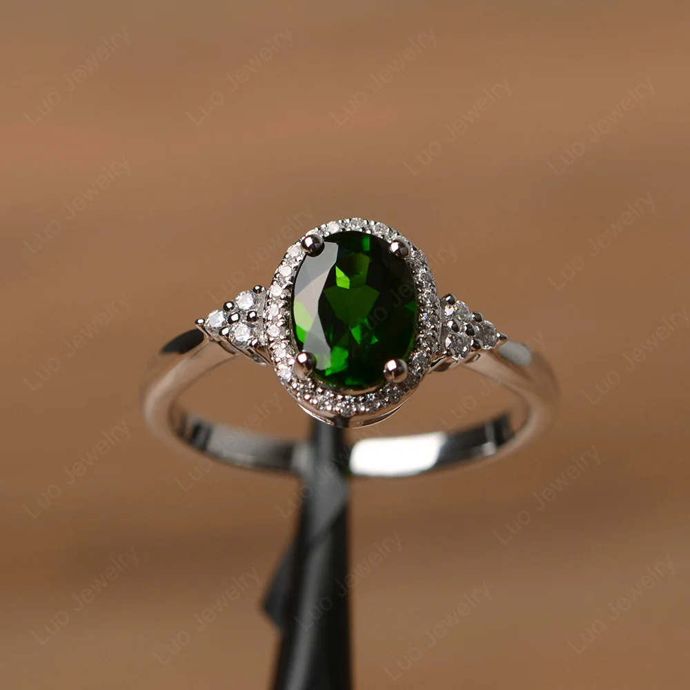 Oval Shaped Diopside Halo Engagement Ring