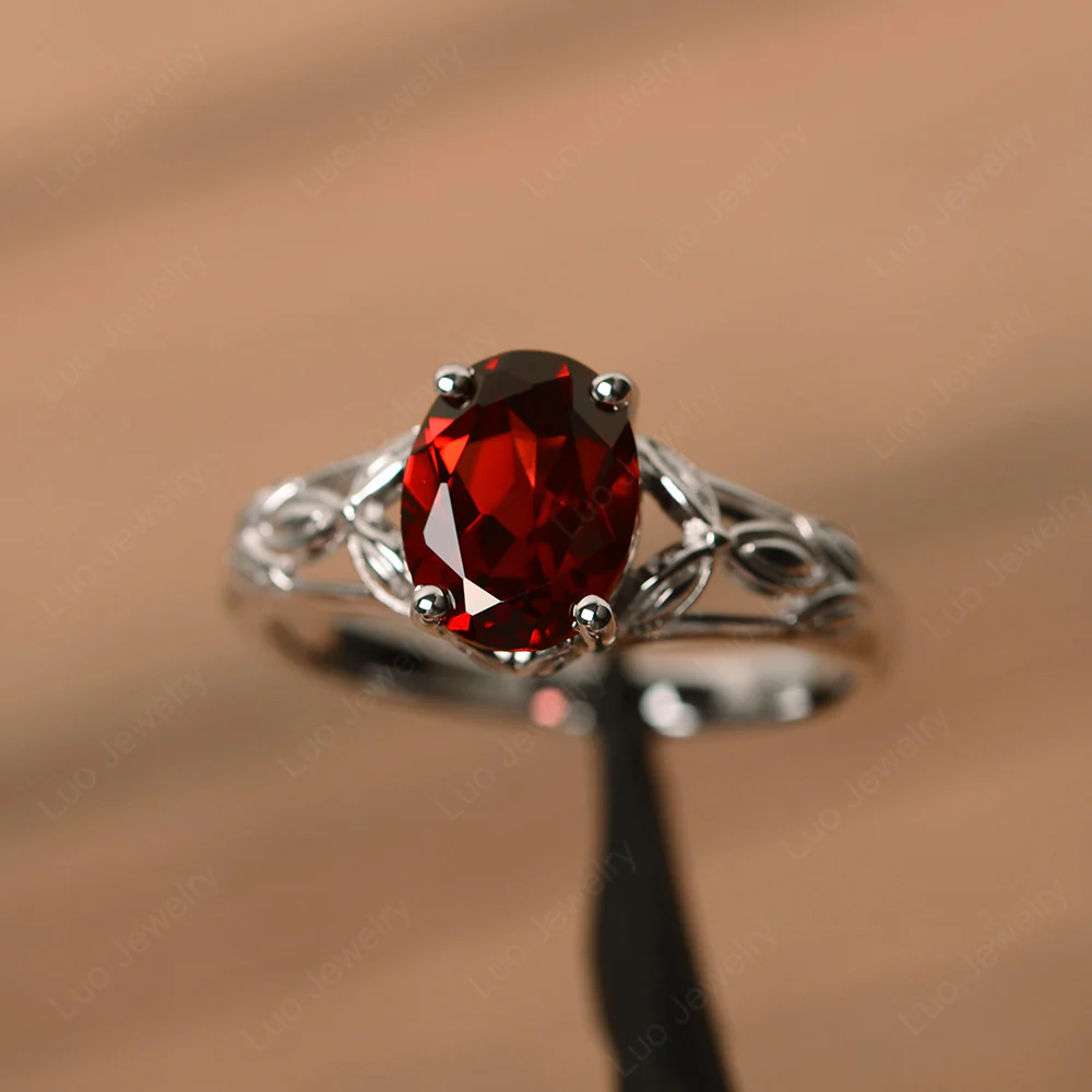 Garnet Leaf Solitaire Engagement Ring