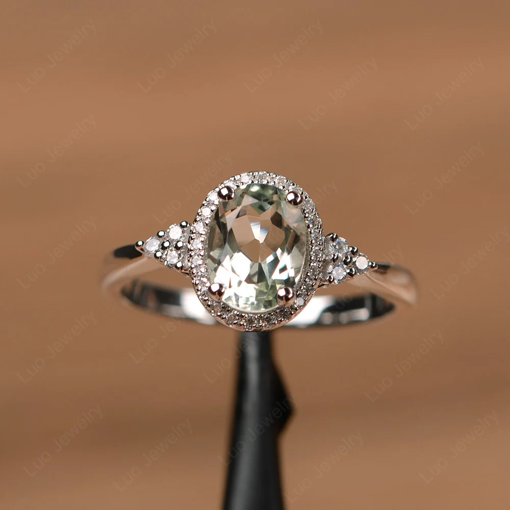 Oval Shaped Green Amethyst Halo Engagement Ring