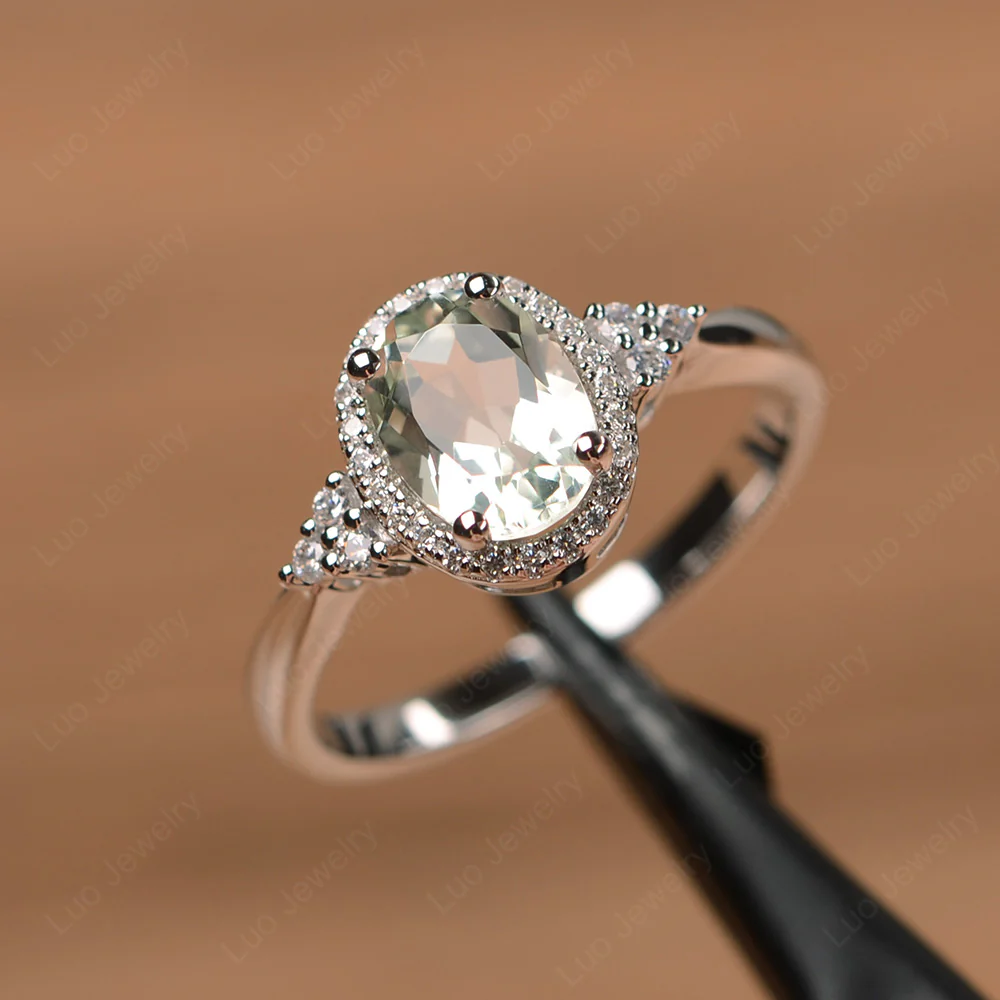 Oval Shaped Green Amethyst Halo Engagement Ring - Image 2
