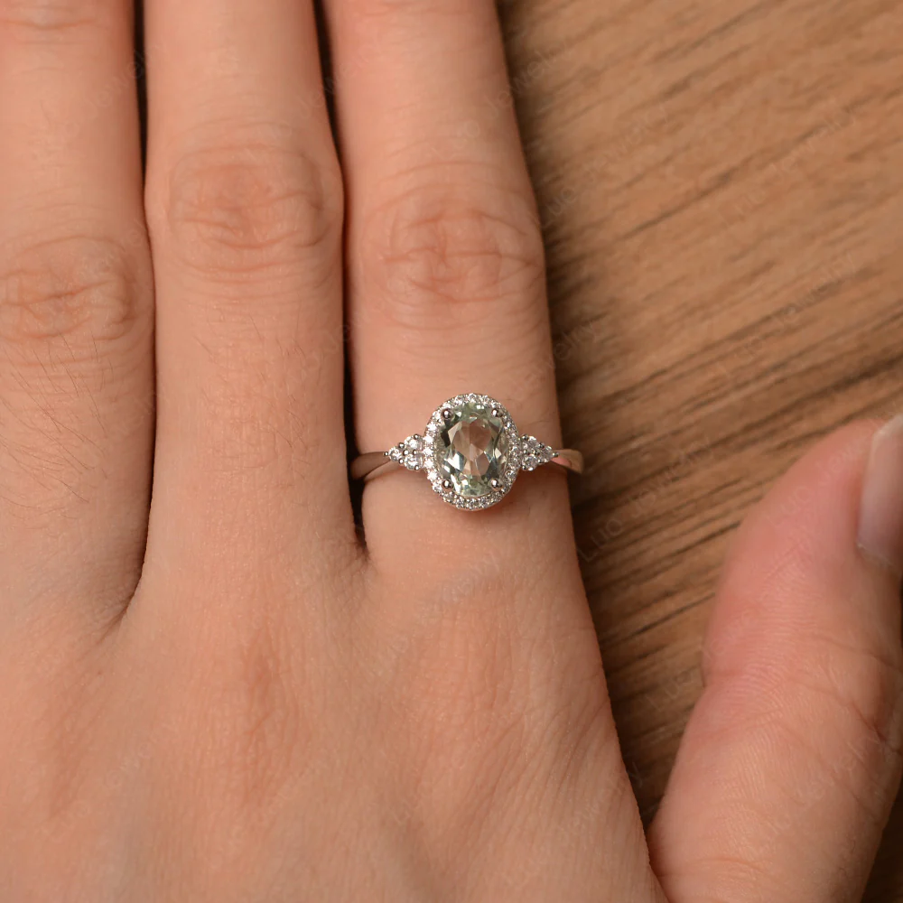 Oval Shaped Green Amethyst Halo Engagement Ring - Image 4