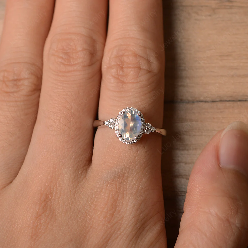 Oval Shaped Moonstone Halo Engagement Ring - Image 4