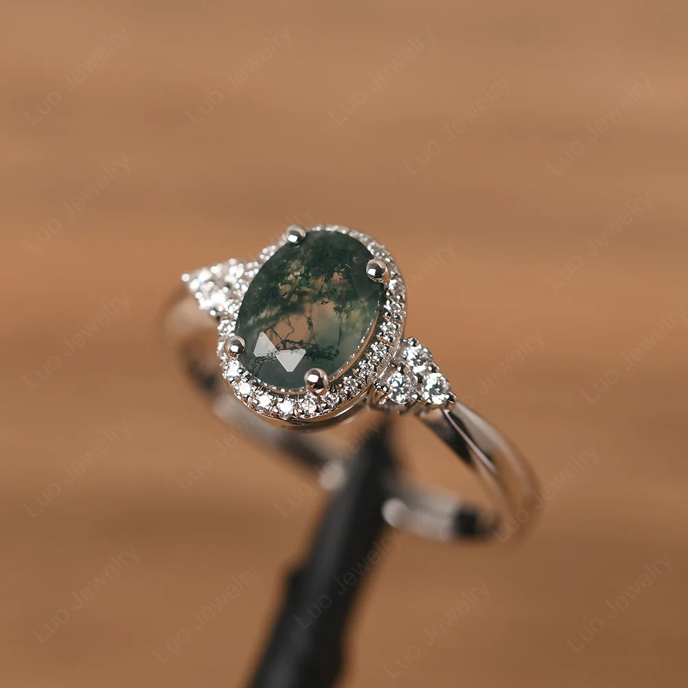 Oval Shaped Moss Agate Halo Engagement Ring - Image 2