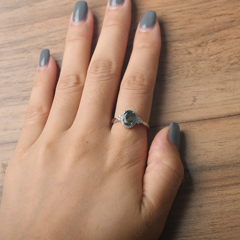 Oval Shaped Moss Agate Halo Engagement Ring - Image 5