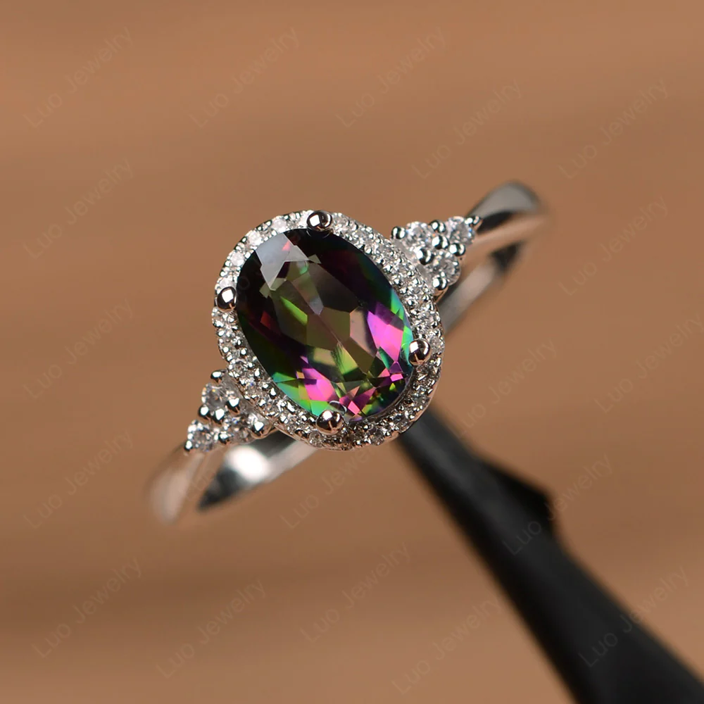 Oval Shaped Mystic Topaz Halo Engagement Ring