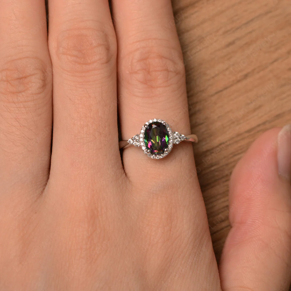 Oval Shaped Mystic Topaz Halo Engagement Ring - Image 4