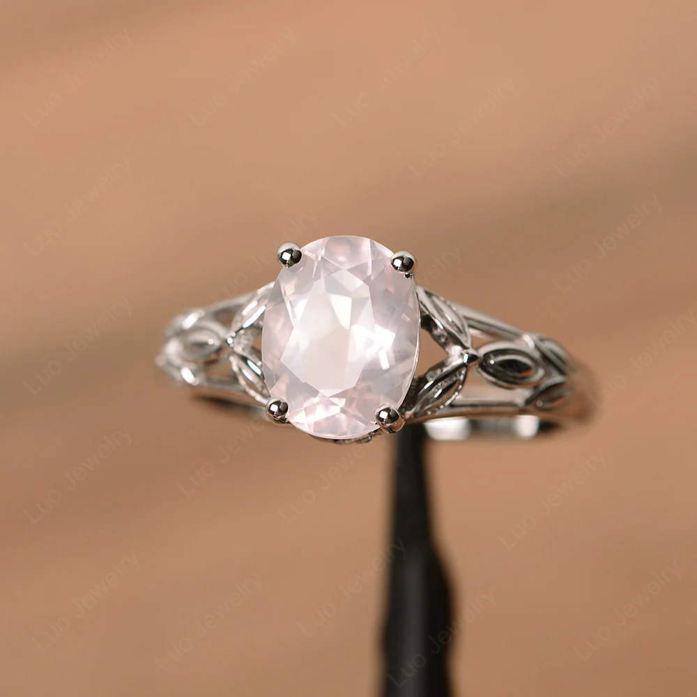 Rose Quartz Leaf Solitaire Engagement Ring