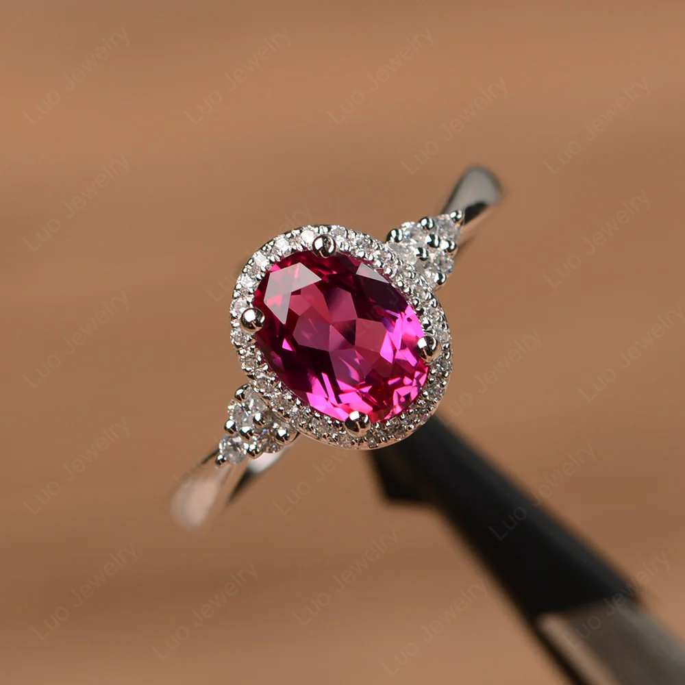 Oval Shaped Ruby Halo Engagement Ring - Image 2