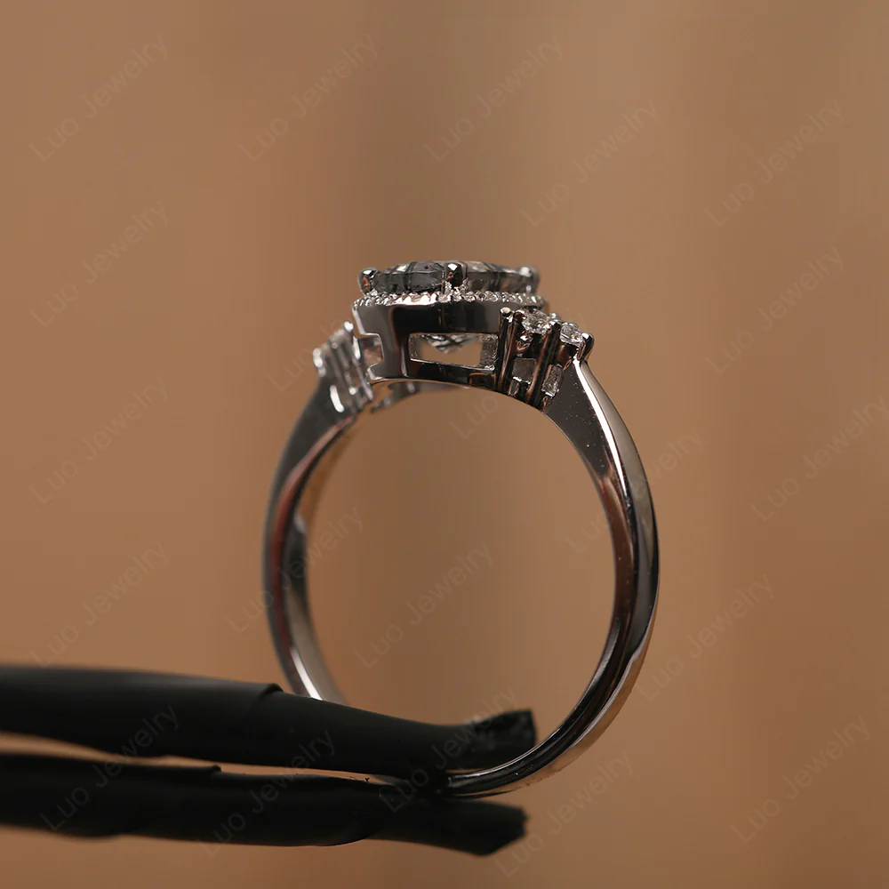 Oval Shaped Black Rutilated Quartz Halo Engagement Ring - Image 4