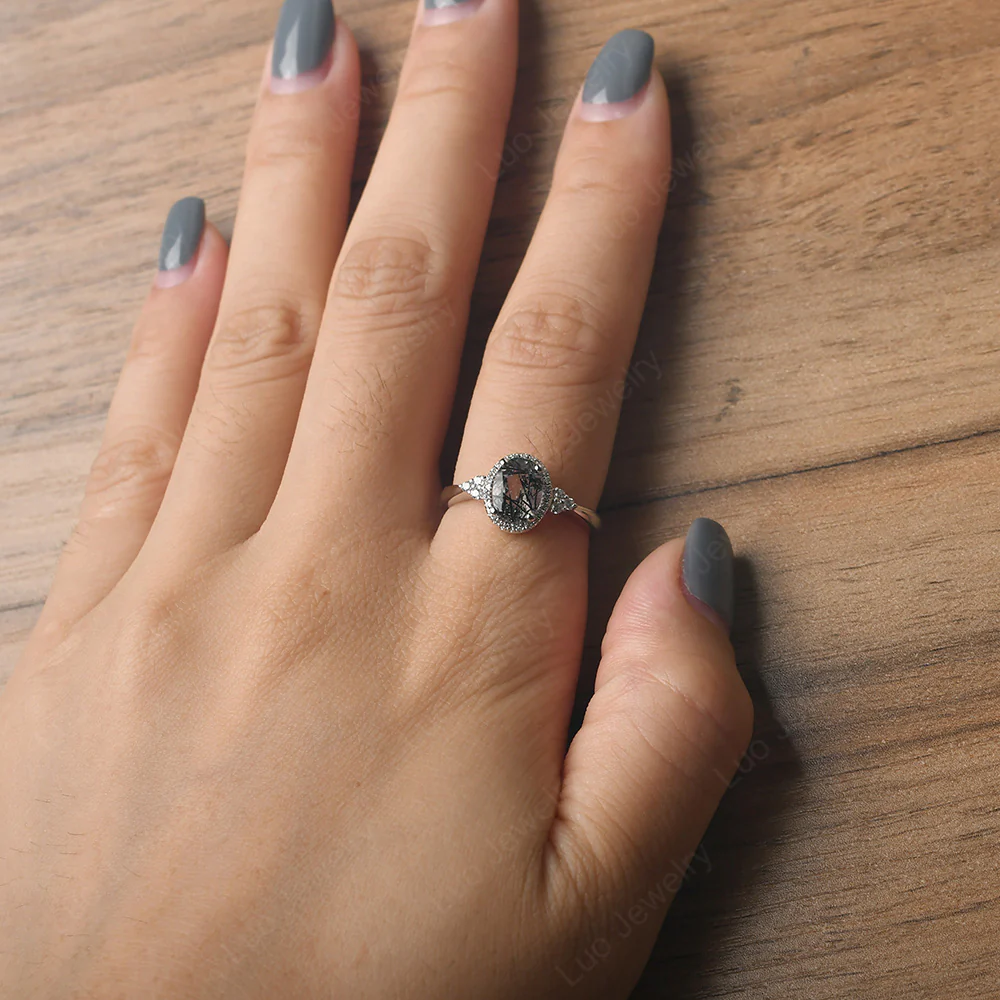 Oval Shaped Black Rutilated Quartz Halo Engagement Ring - Image 5