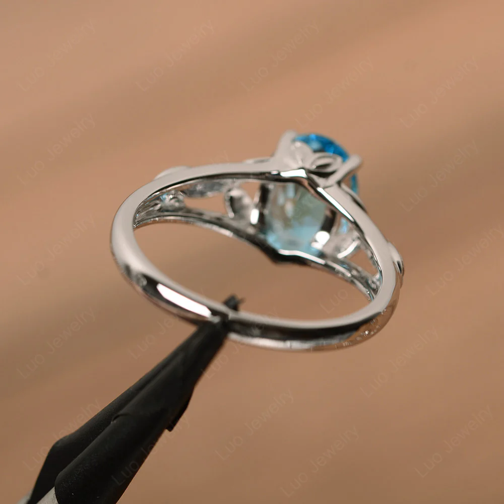 Swiss Blue Topaz Leaf Solitaire Engagement Ring - Image 3