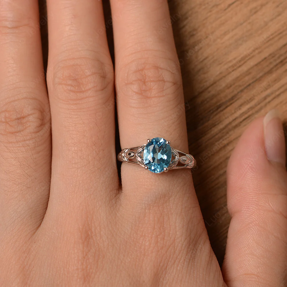 Swiss Blue Topaz Leaf Solitaire Engagement Ring - Image 4