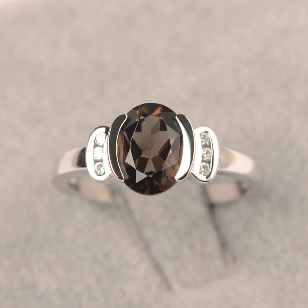 Oval Smoky Quartz Half Bezel Engagement Ring
