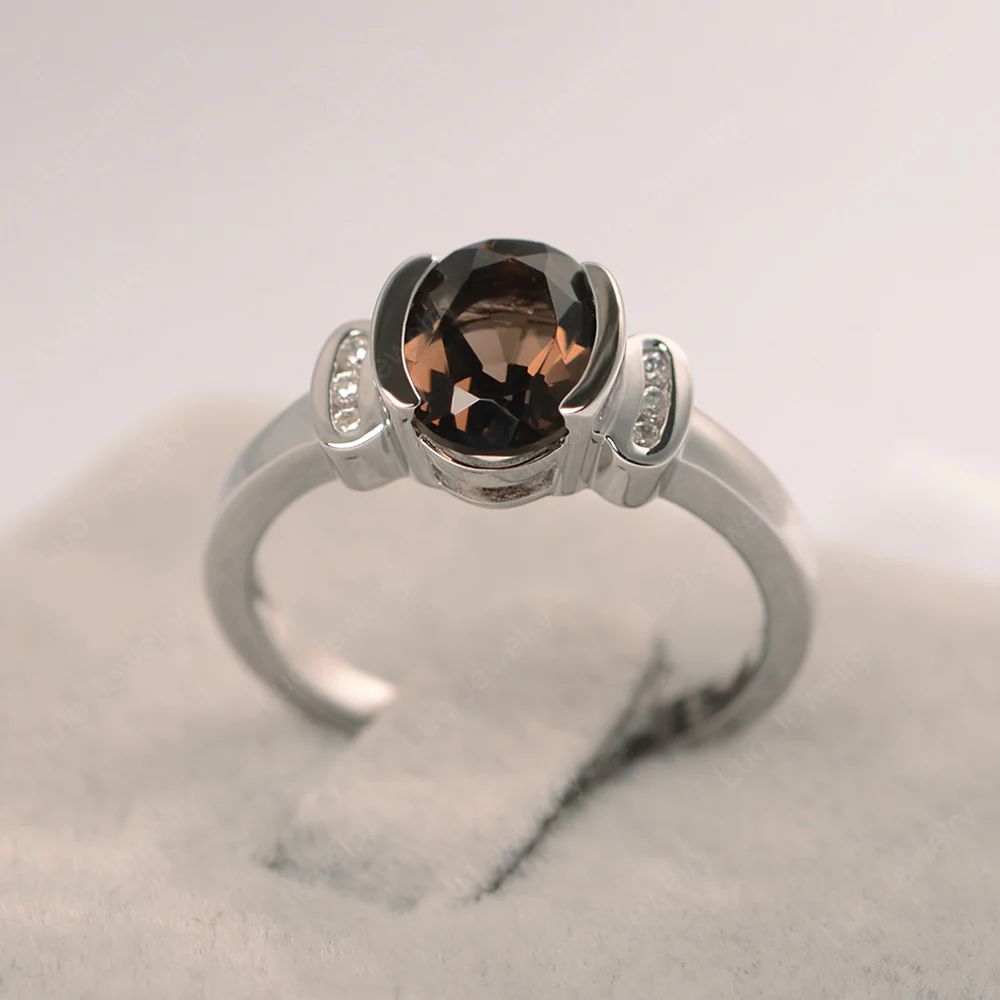 Oval Smoky Quartz Half Bezel Engagement Ring - Image 2