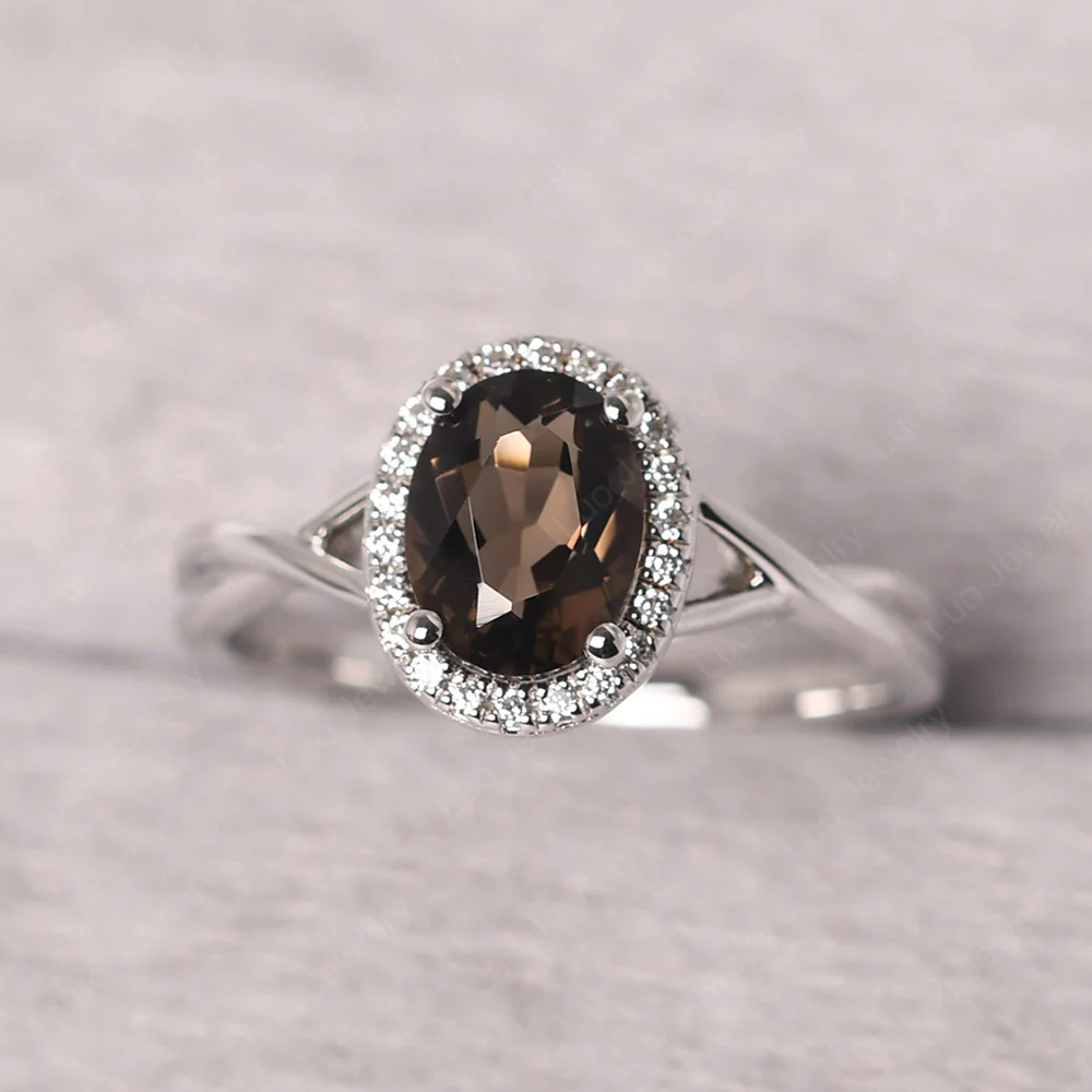 Smoky Quartz Oval Halo Engagement Ring