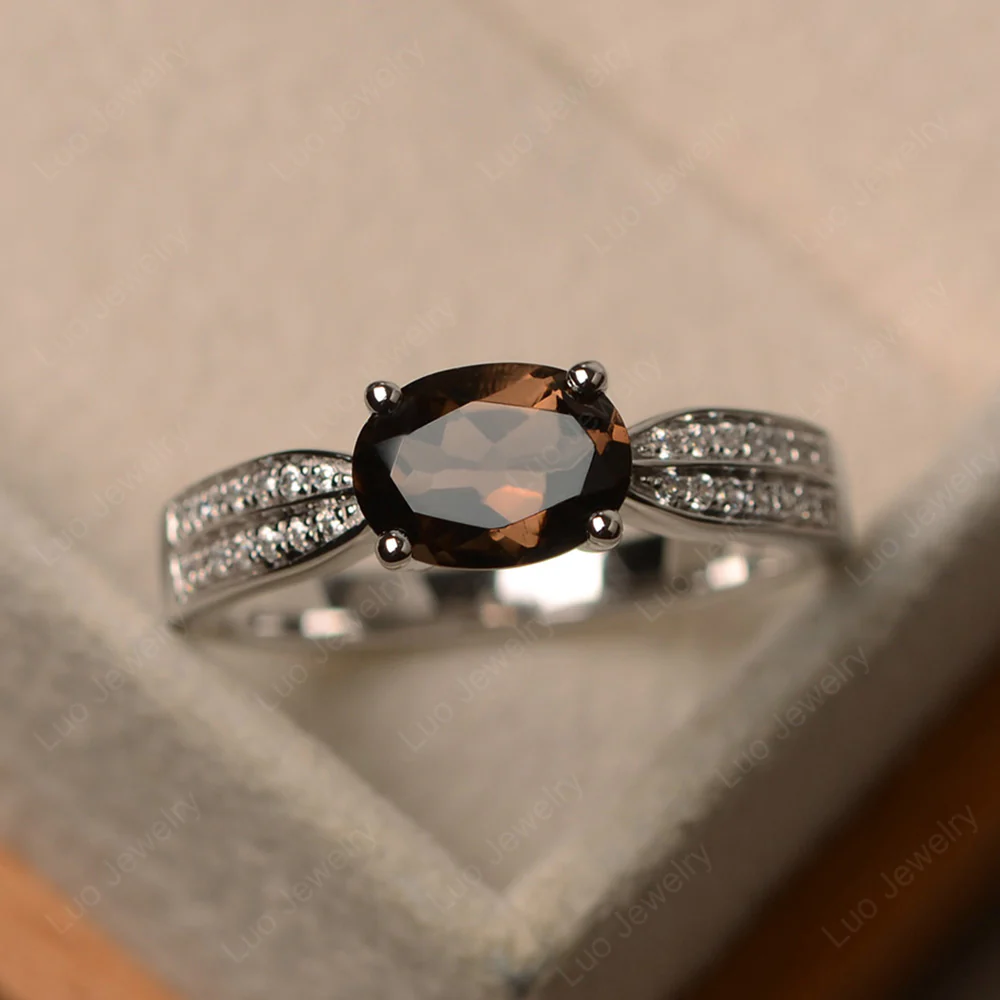 Oval Smoky Quartz Horizontal Two Rows Pave Ring