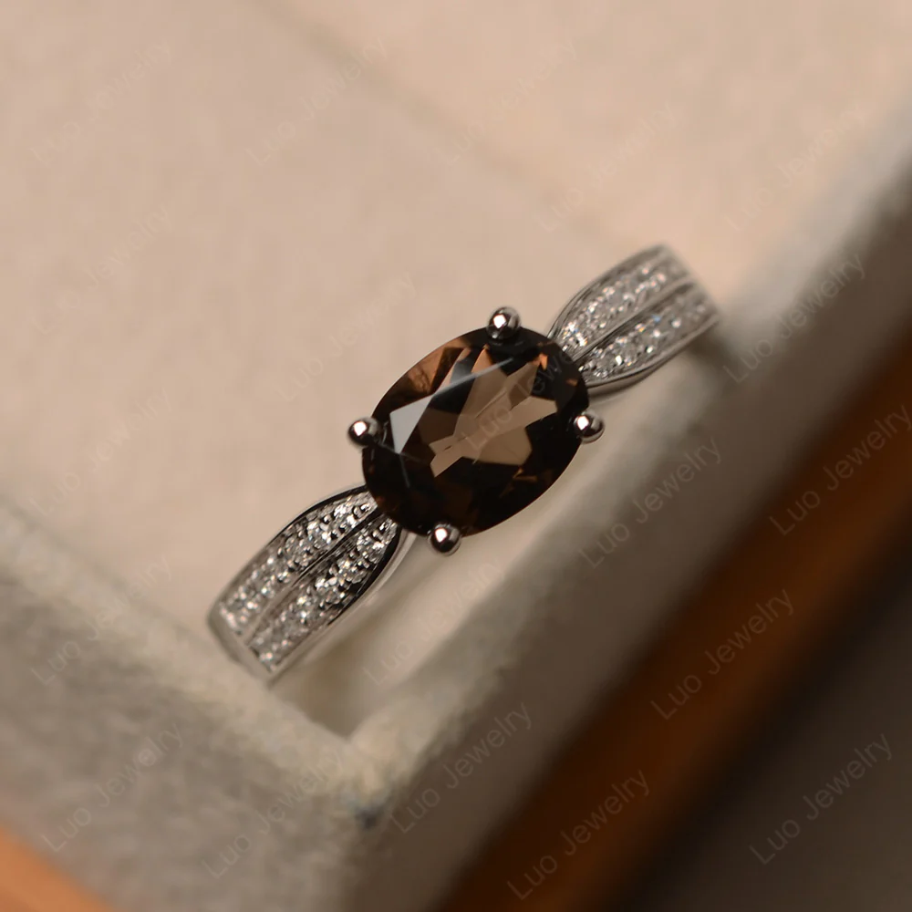Oval Smoky Quartz Horizontal Two Rows Pave Ring - Image 2