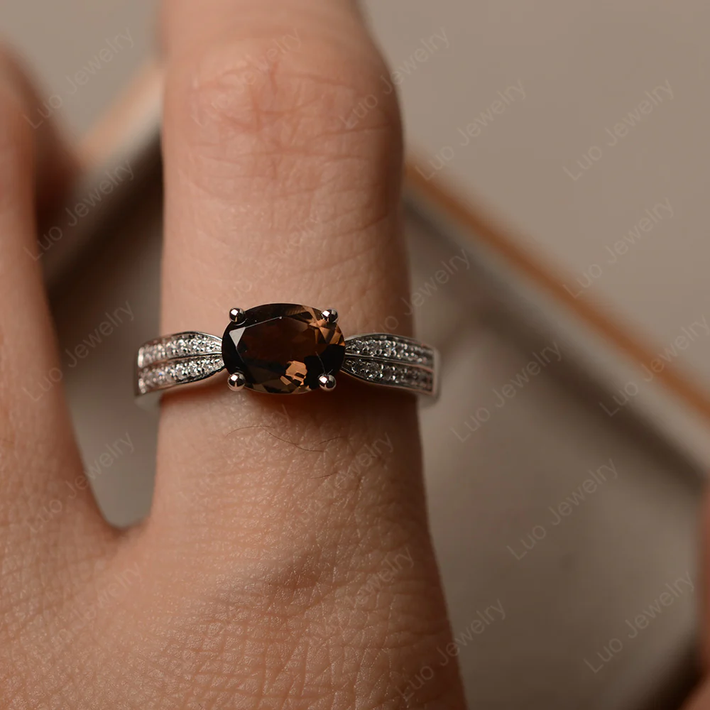 Oval Smoky Quartz Horizontal Two Rows Pave Ring - Image 4