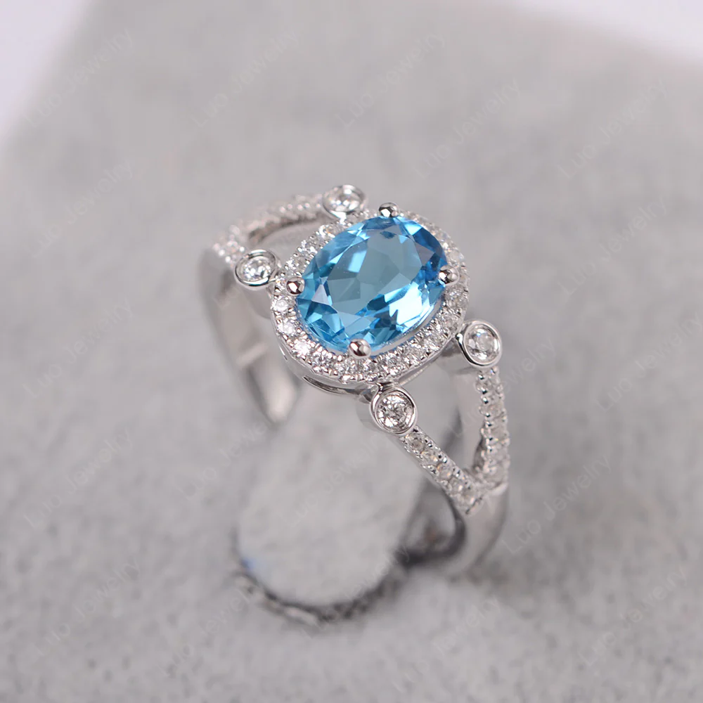 Oval Swiss Blue Topaz Split Shank Engagement Ring - Image 2