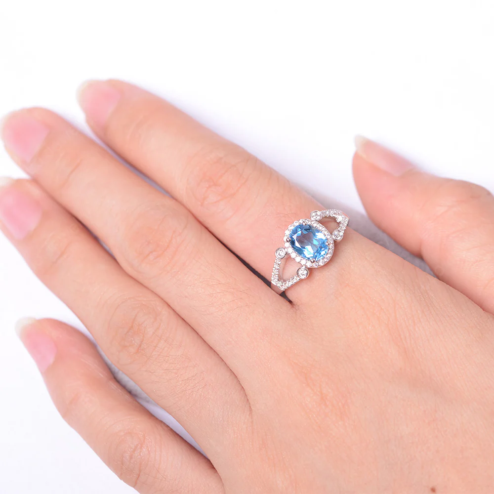 Oval Swiss Blue Topaz Split Shank Engagement Ring - Image 4