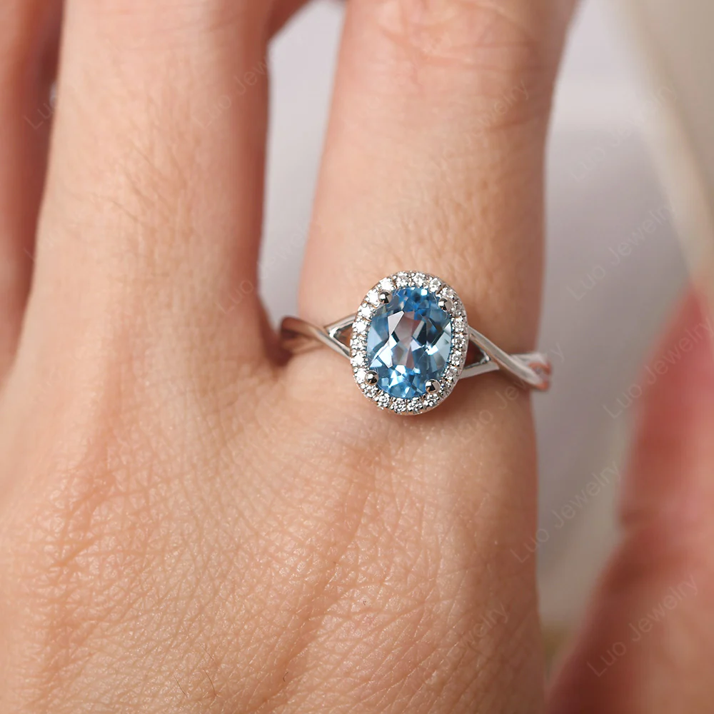 Swiss Blue Topaz Oval Halo Ring - Image 5