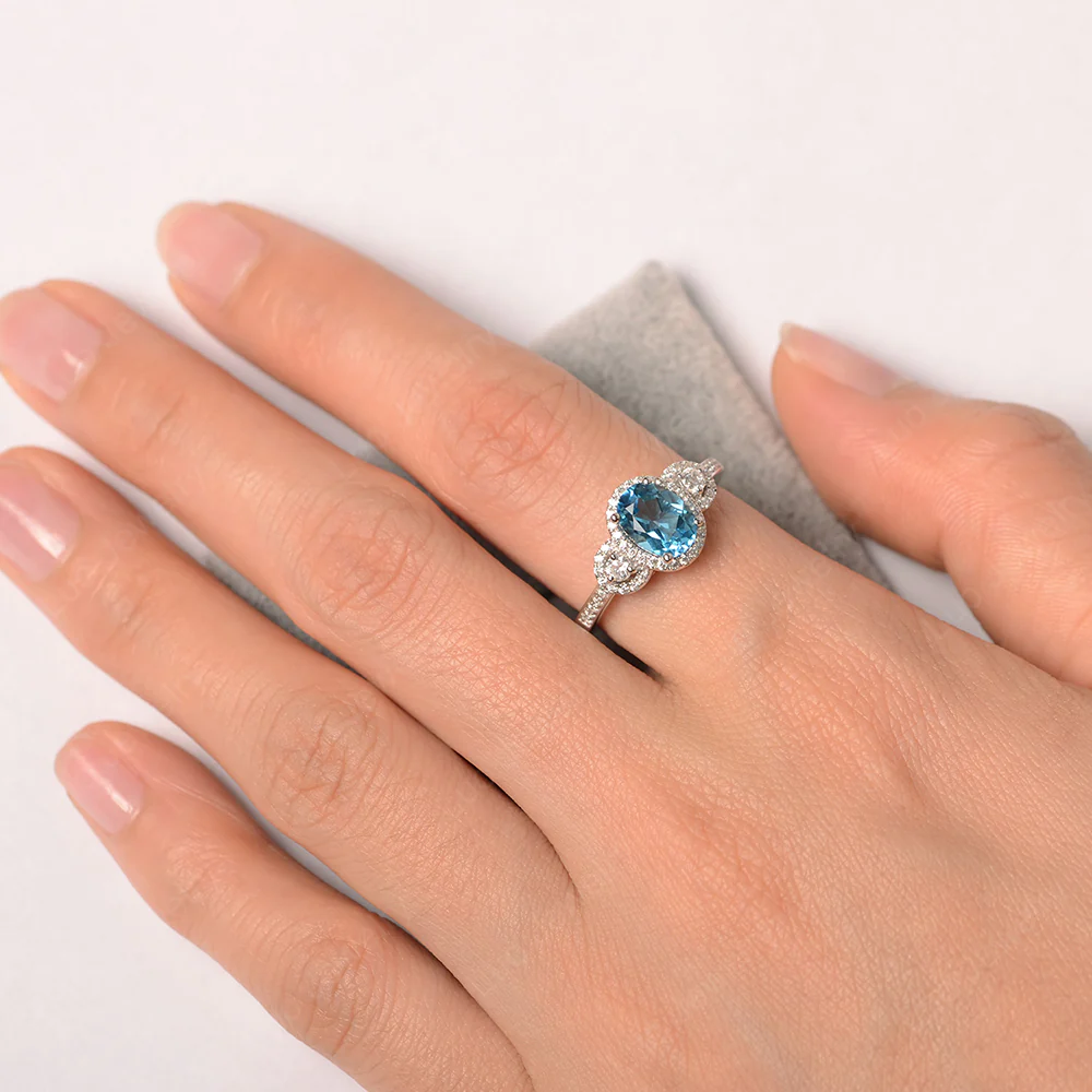 Oval Swiss Blue Topaz Ring Halo Engagement Ring - Image 4