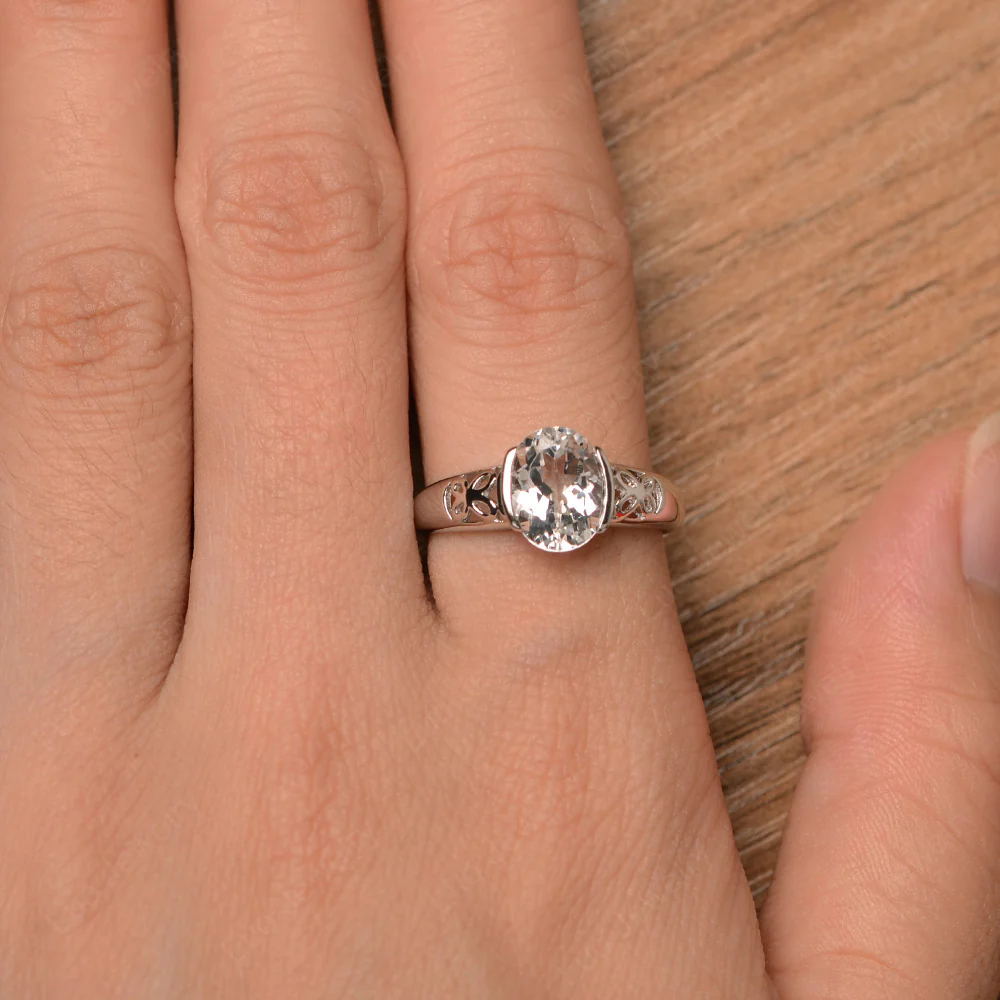 Oval White Topaz Bezel Set Engagement Ring - Image 4