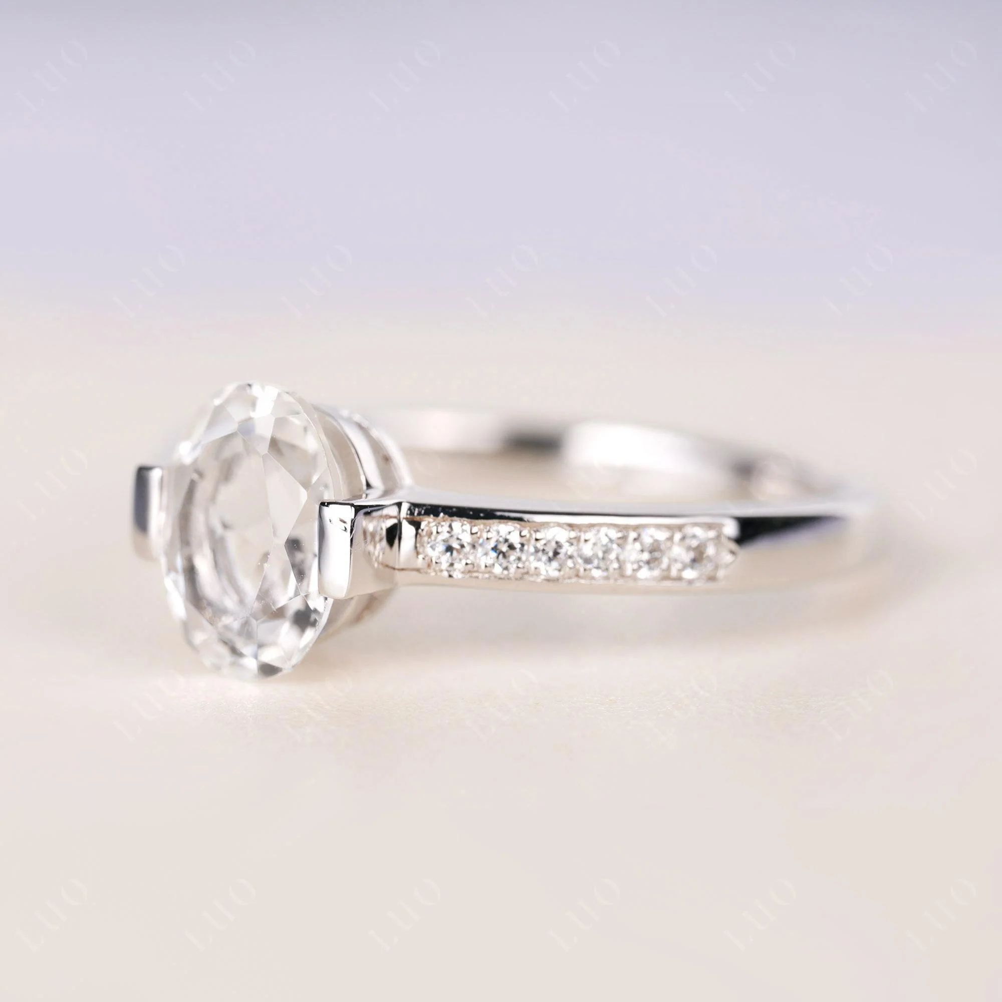 Oval White Topaz Engagement Ring Half Bezel Set - Image 2