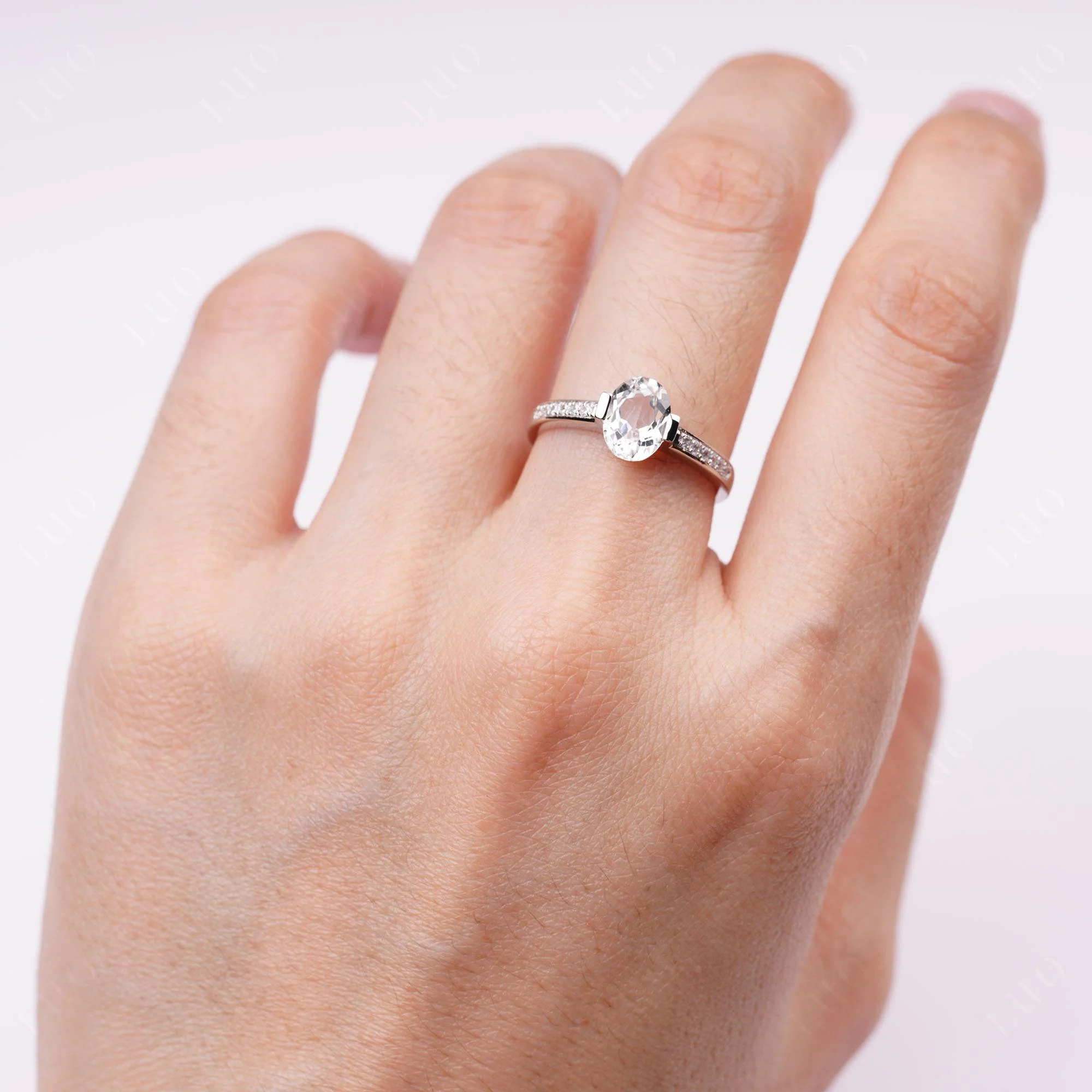 Oval White Topaz Engagement Ring Half Bezel Set - Image 5