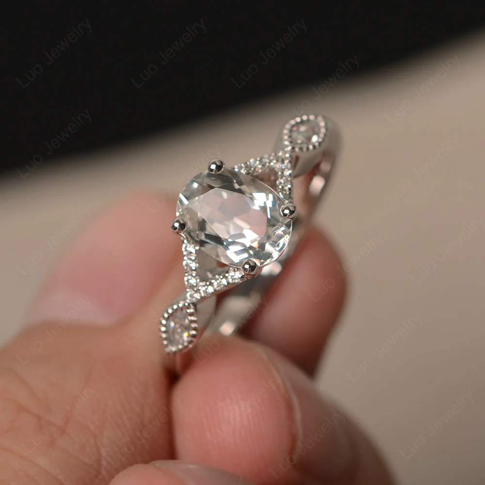 Oval White Topaz Split Shank Ring