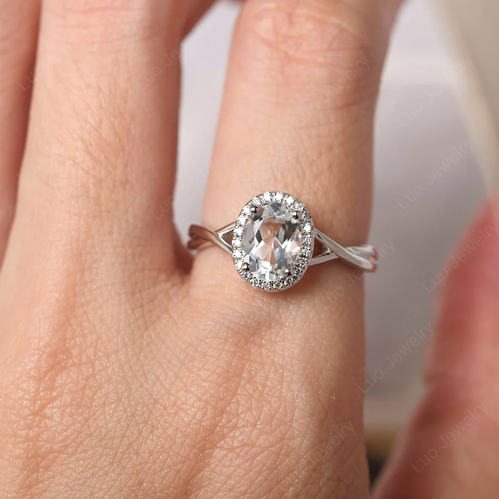 White Topaz Oval Halo Engagement Ring - Image 5