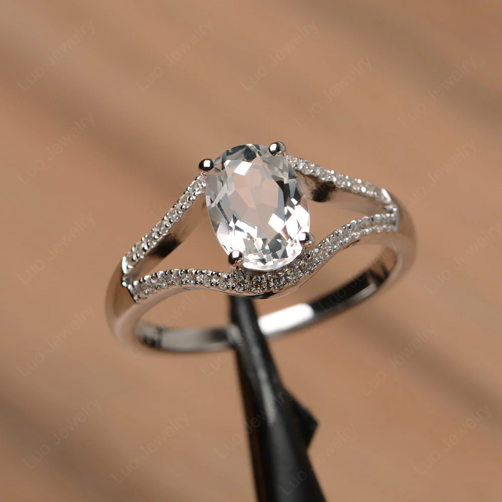 Oval White Topaz Split Shank Pave Ring