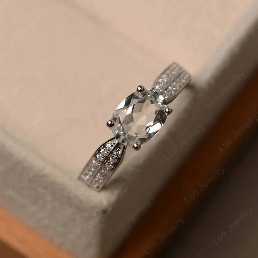 Oval White Topaz Horizontal Two Rows Pave Ring - Image 2