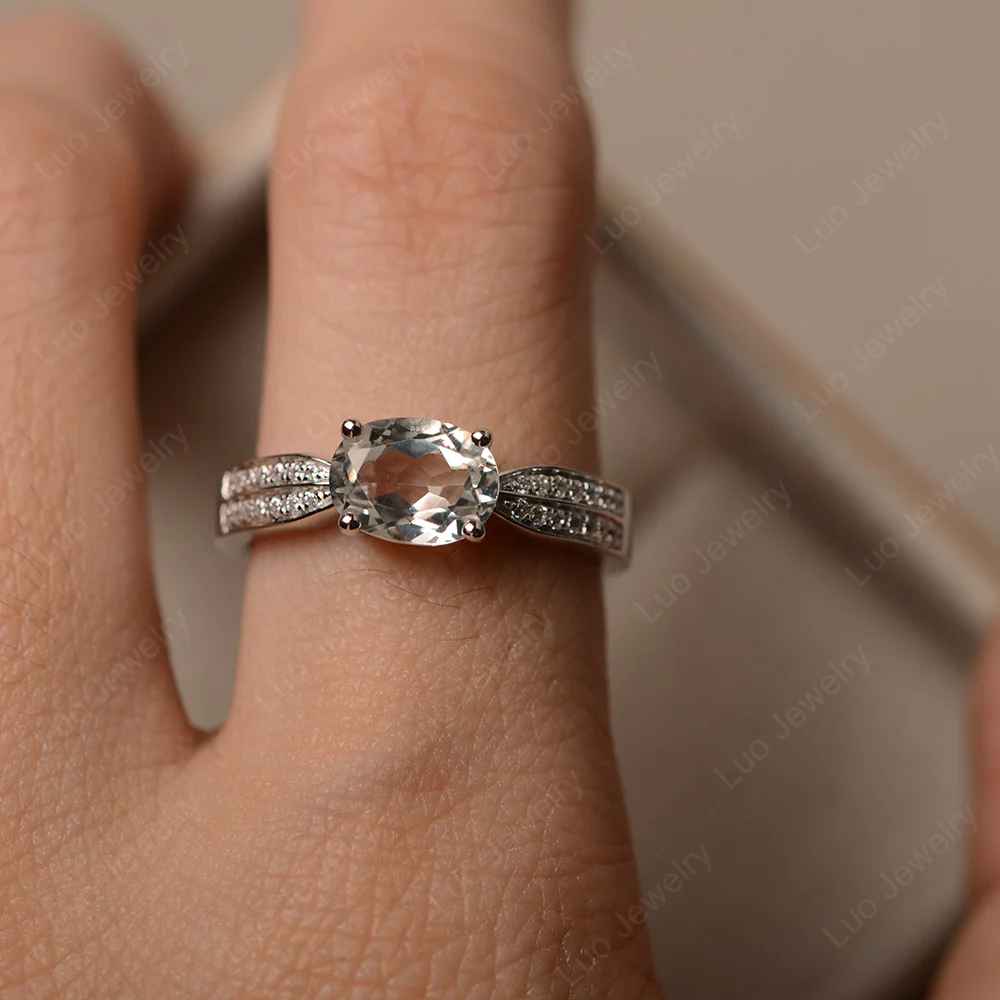 Oval White Topaz Horizontal Two Rows Pave Ring - Image 4