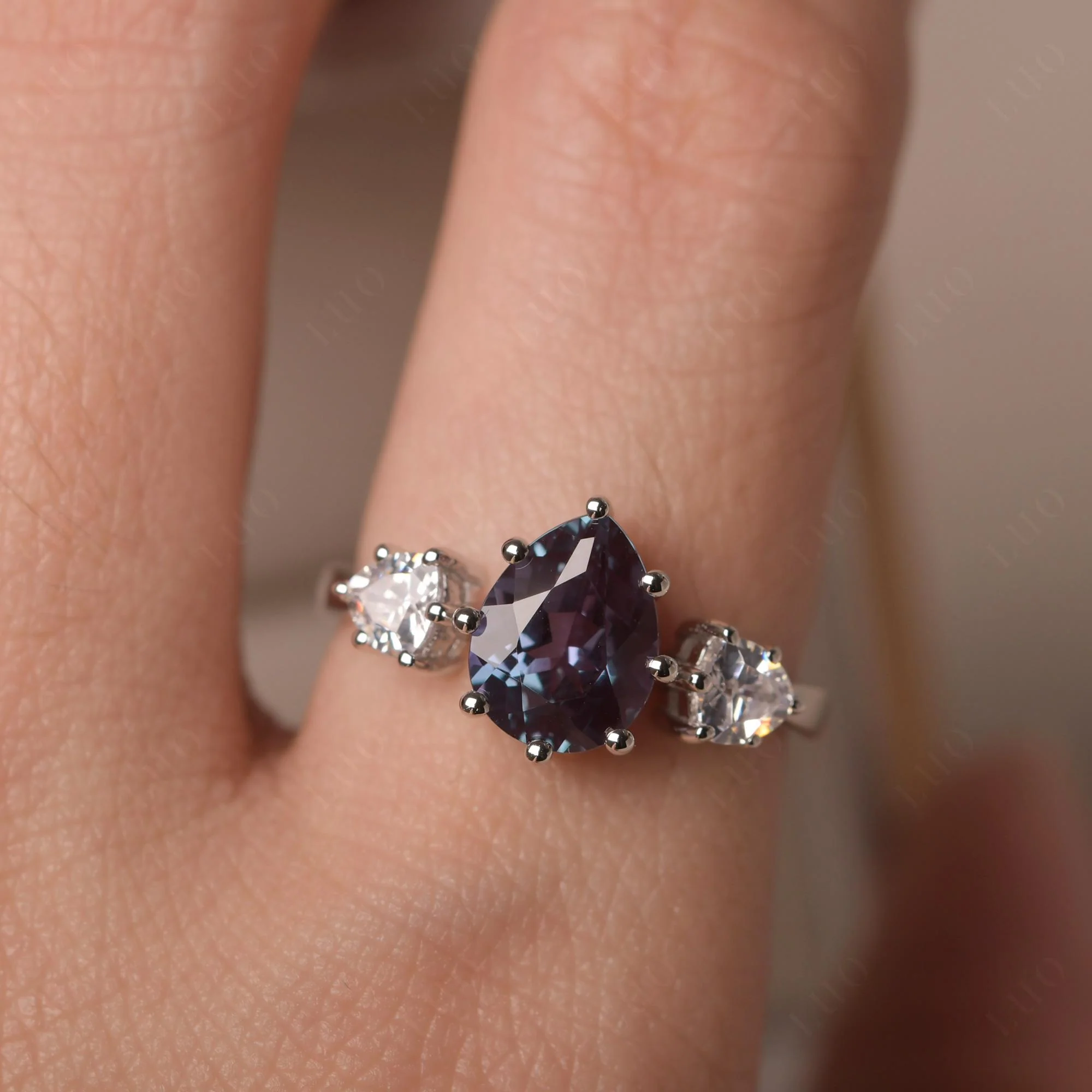 Pear Alexandrite Ring with Trillion Side Stone - Image 33
