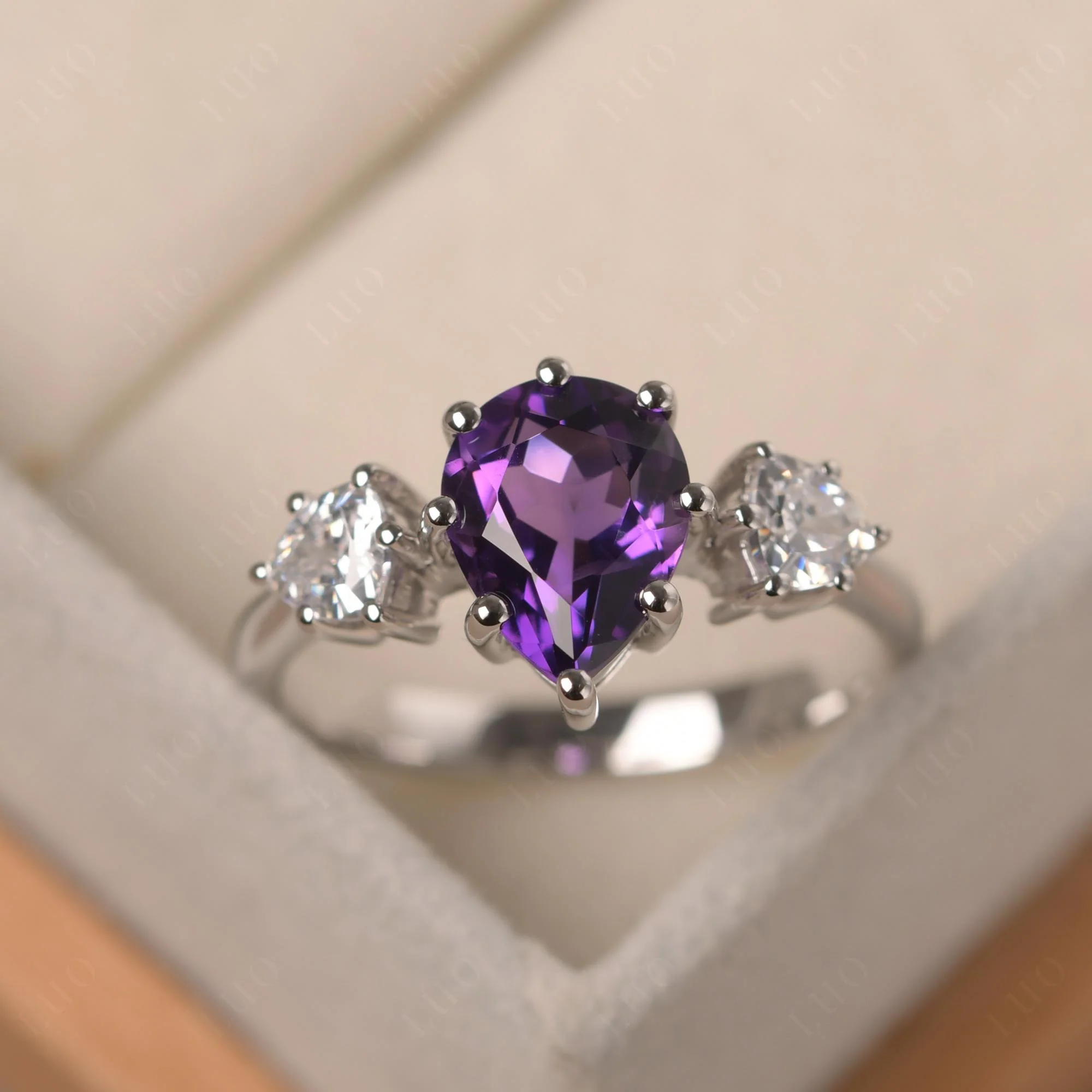 Pear Amethyst Ring with Trillion Side Stone - Image 29