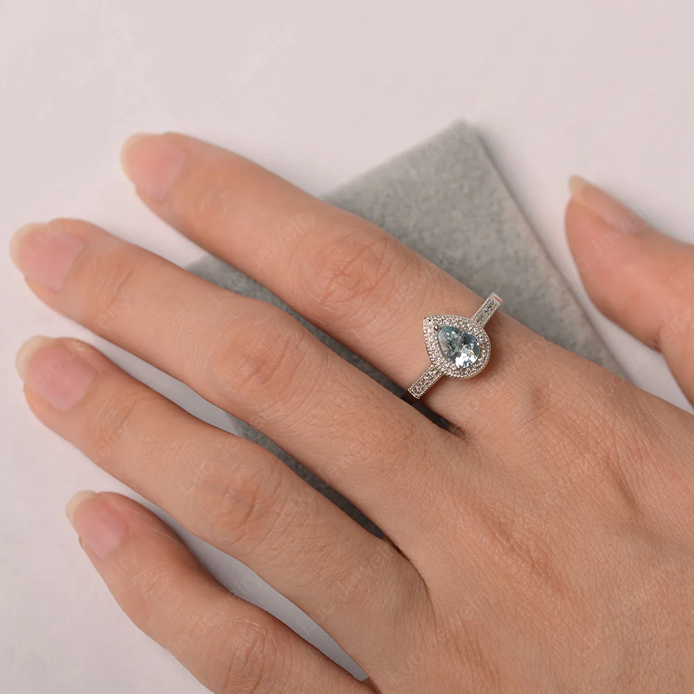 Pear Shaped Aquamarine Milgrain Halo Ring - Image 3