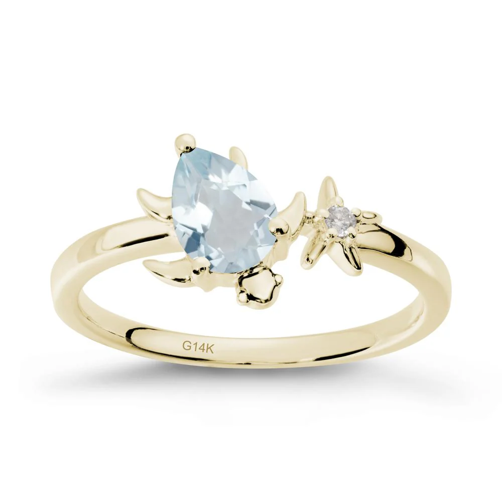 Pear Aquamarine Turtle and Starfish Ring