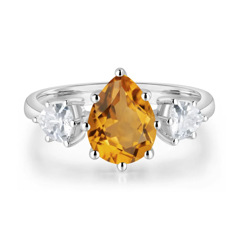 Pear Citrine Ring with Trillion Side Stone